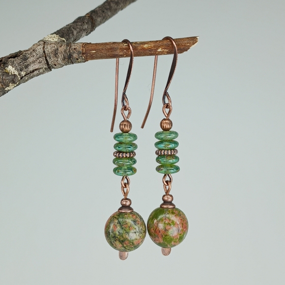 HAND CRAFTED Unakite Artisan Glass Green Pink Copper Boho Nature Stone Earrings - Picture 4 of 6